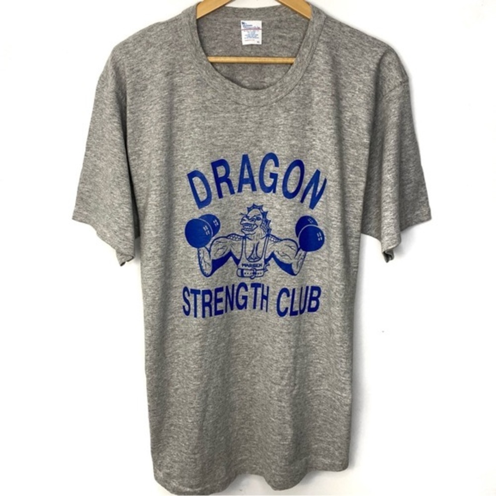 Vintage Gray T-Shirt with Blue Dragon Strength Club Graphic